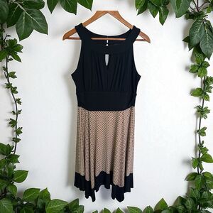 En Focus Studio Dress Women 12 Black Tan Polka Dot Sleeveless Fit Flare Midi